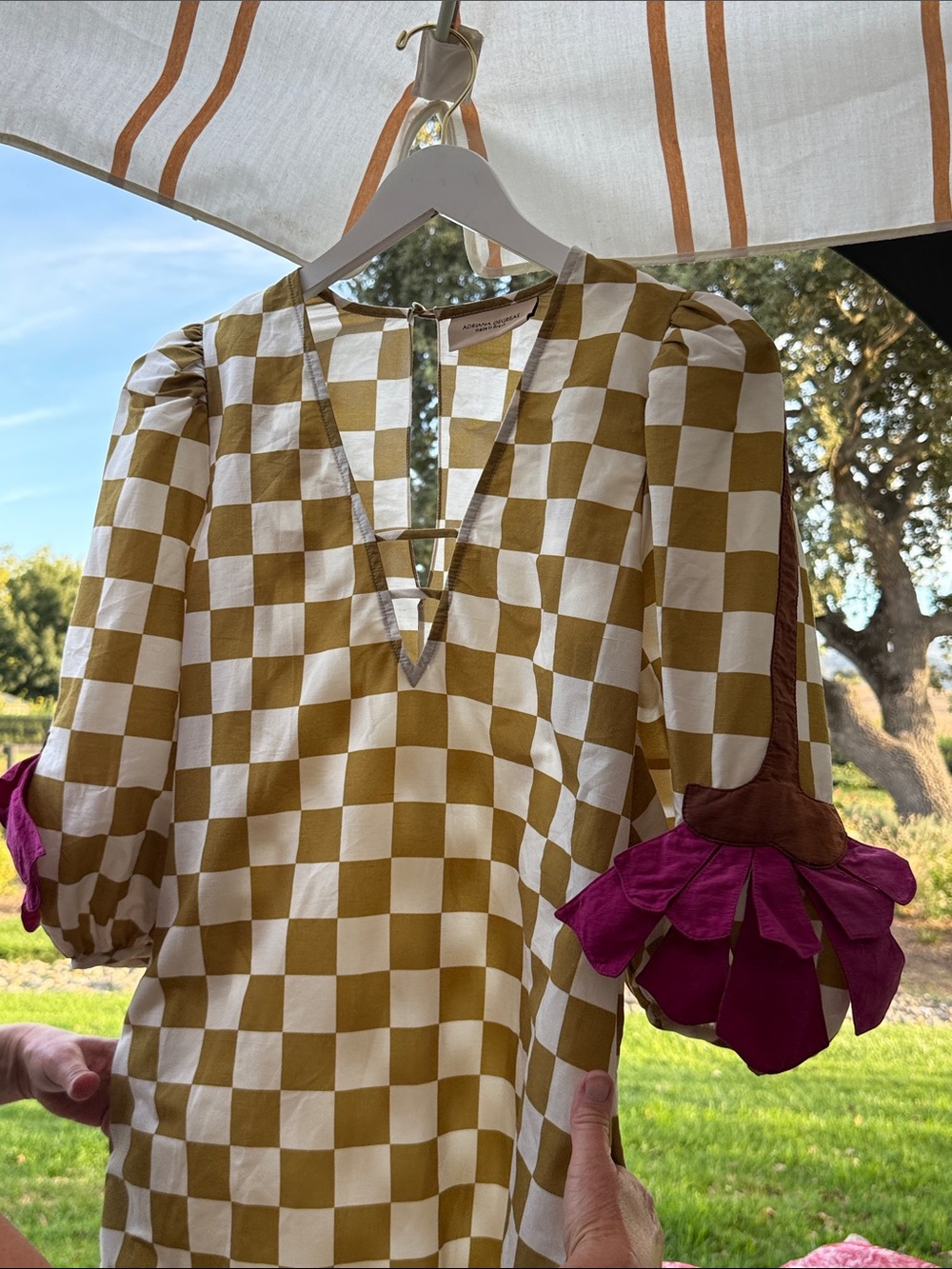 Adriana Degreas Checkerboard Maxi Dress in Mustard and White Like New